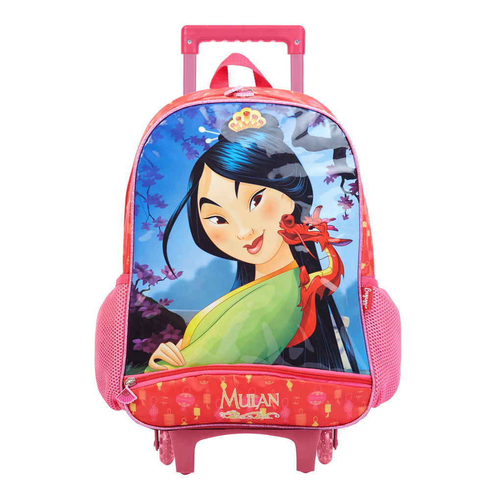Mochila Escolar Feminina Disney Mulan com Rodinha Vermelha