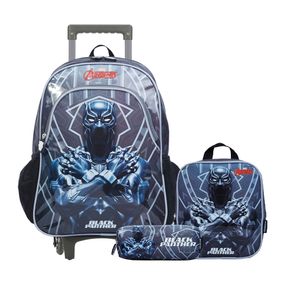 Kit Mochila com Rodas Marvel Pantera Negra com Lancheira e Estojo Preto