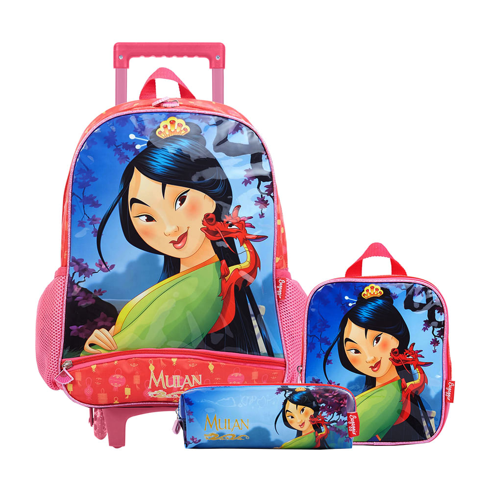 Kit Mochila com Rodas Disney Mulan com Lancheira e Estojo Vermelho
