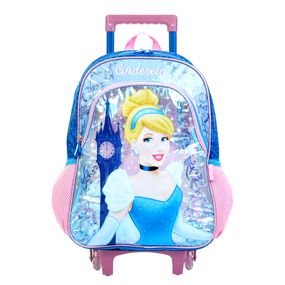 Mochila Infantil Feminina Disney Cinderela com Rodinha Azul
