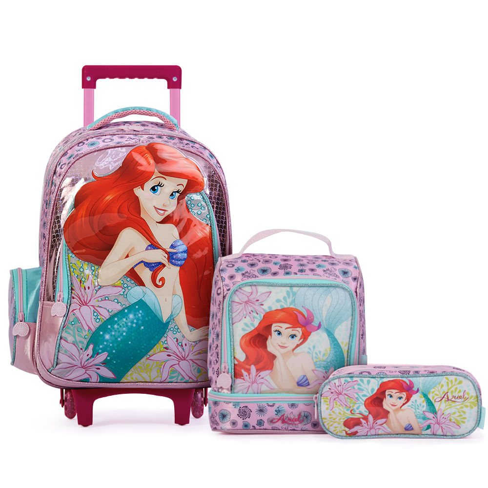 Kit Premium Mochila com Rodas Disney Ariel com Lancheira e Estojo Rosa Claro U