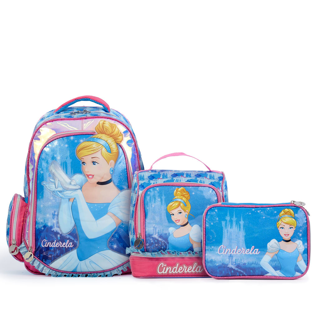 Kit Premium Mochila Disney Cinderela com Lancheira e Estojo Grande Azul