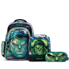 Kit Premium Mochila Marvel Hulk com Lancheira e Estojo Verde