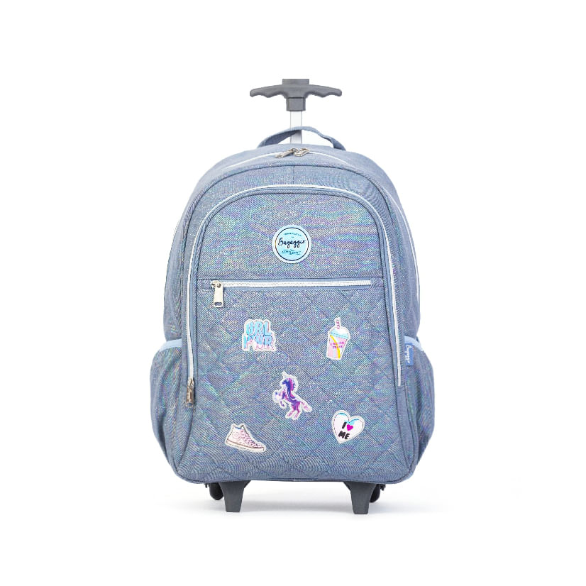 Mochila Escolar Feminina Matelasse Jeans Patches com Rodinha Azul