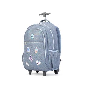 Mochila Escolar Feminina Matelasse Jeans Patches com Rodinha Azul – foto 2