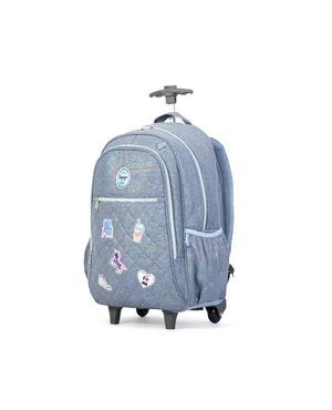 Mochila Escolar Feminina Matelasse Jeans Patches com Rodinha Azul – foto 2