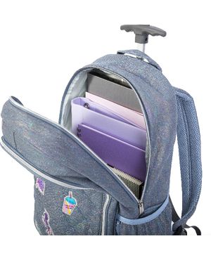 Mochila Escolar Feminina Matelasse Jeans Patches com Rodinha Azul – foto 4