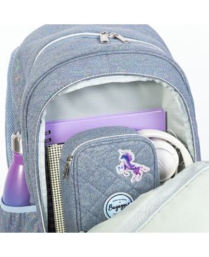 Mochila Escolar Feminina Matelasse Jeans Patches com Rodinha Azul – foto 5