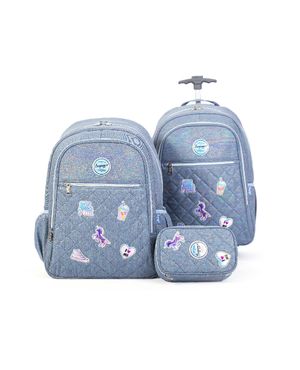 Mochila Escolar Feminina Matelasse Jeans Patches com Rodinha Azul – foto 6