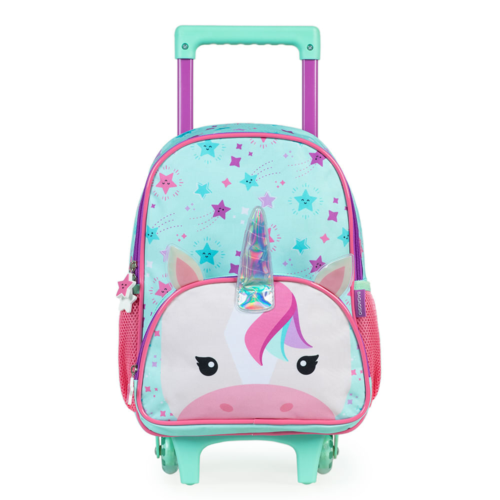 Mochila Infantil Pré Escolar de Rodinhas Pets Unicórnio Verde Claro