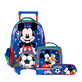 Kit Mochila Escolar Masculina Com Rodinhas Mickey Futebol Com Lancheira E Estojo Premium
