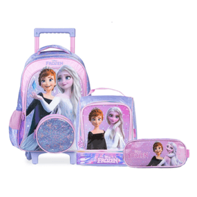 Kit Mochila Escolar Feminina Com Rodinha Frozen Com Lancheira E Estojo 3 Compartimentos Premium Lilás