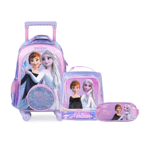 Kit Mochila Escolar Feminina Com 4 Rodinha Frozen Com Lancheira E Estojo 3 Compartimentos Premium Lilás