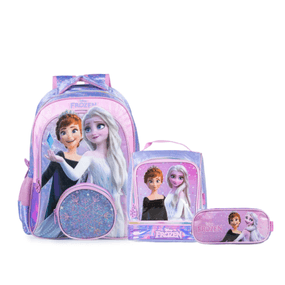 Kit Mochila Escolar Feminina Frozen Com Lancheira E Estojo 3 Compartimentos Premium Lilás