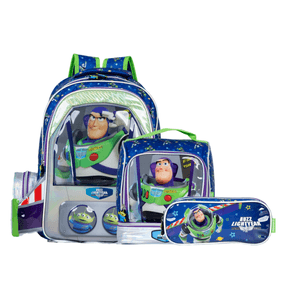 Kit Mochila Escolar Infantil Masculina De Rodinhas Toy Story Buzz Lightyear Com Lancheira e Estojo Azul Escuro