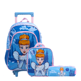 Kit Mochila Escolar Feminina com rodinhas  com  Lancheira e Estojo  Disney Cinderela Azul