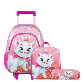 Kit Mochila Escolar Infantil Feminina de Rodinhas Gata Marie Com Lancheira e Estojo Rosa
