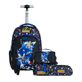 Kit Mochila Escolar com 2 Rodinhas Masculina Sonic Premium com Lancheira e Estojo Preta