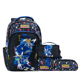 Kit Mochila Escolar Masculina Sonic Premium Com Lancheira e Estojo Preta