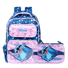 Kit Mochila Escolar Feminina Lilo e Stitch Premium Com Estojo Azul