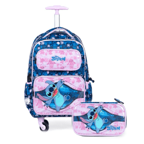 Kit Mochila Escolar Feminina 4 Rodinhas Lilo e Stitch Premium Com Estojo Azul