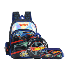 Kit Mochila Escolar Infantil Masculina Hot Wheels Premium Com Lancheira e Estojo Preta