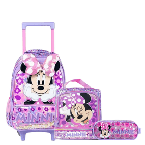 Kit Mochila Escolar Infantil Feminina Com Rodinhas Minnie Premium Com Lancheira e Estojo Lilás