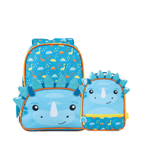 Kit Mochila Escolar E Lancheira Pets Dinossauro Azul Escura