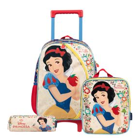 Kit Mochila de Rodinha, Lancheira Térmica, Estojo  Infantil Feminino Branca de Neve Rosa