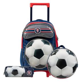 Kit Mochila de Rodinha, Lancheira Térmica, Estojo Masculino Futebol Azul