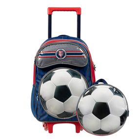 Kit Mochila de Rodinha e Lancheira térmica  Infantil Masculina Futebol Azul
