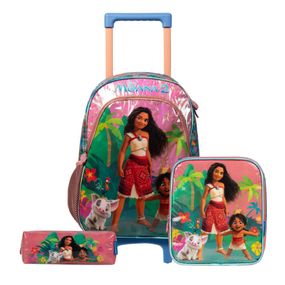 Kit Mochila de Rodinha, Lancheira Térmica, Estojo  Infantil feminino Moana Rosa