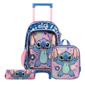 Kit Mochila de Rodinha, Lancheira Térmica, Estojo  Infantil Feminino Stitch