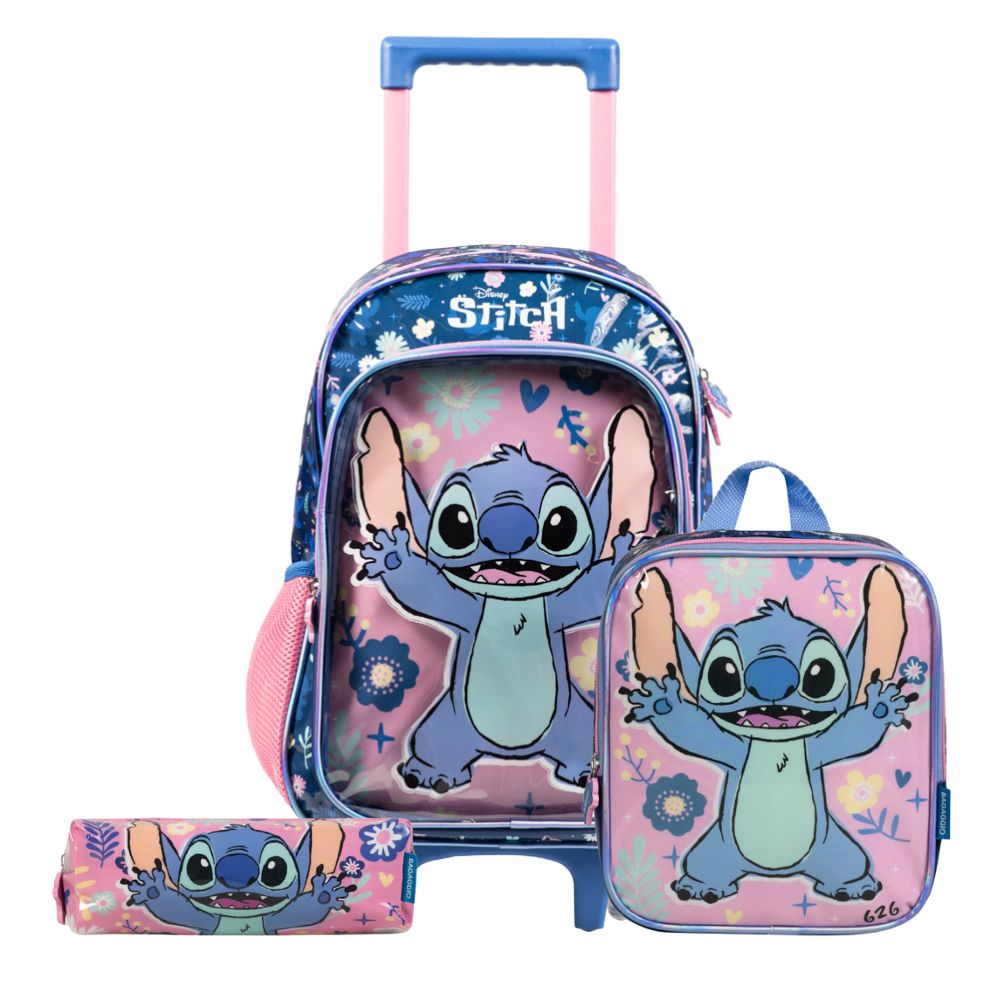 Kit Mochila de Rodinha, Lancheira Térmica, Estojo  Infantil Feminino Stitch