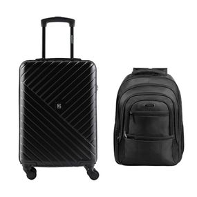 Kit Mala de Bordo 10 kg Abs 4 Rodas Detroit Preta + Mochila Masculina Executiva para Notebook Tech Preta