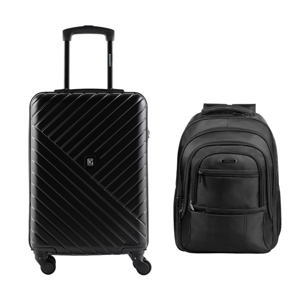 Kit Mala de Bordo 10 kg Abs 4 Rodas Detroit Preta + Mochila Masculina Executiva para Notebook Tech Preta