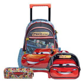 Kit Mochila de Rodinha, Lancheira Térmica, Estojo  Infantil Masculino Masculina Carros Cinza e Azul