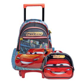 Kit Mochila de Rodinha e Lancheira Térmica  Infantil Masculina  Carros Cinza e Azul