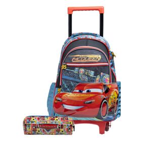 Kit Mochila de Rodinha e Estojo  Infantil Masculina Carros Cinza e Azul