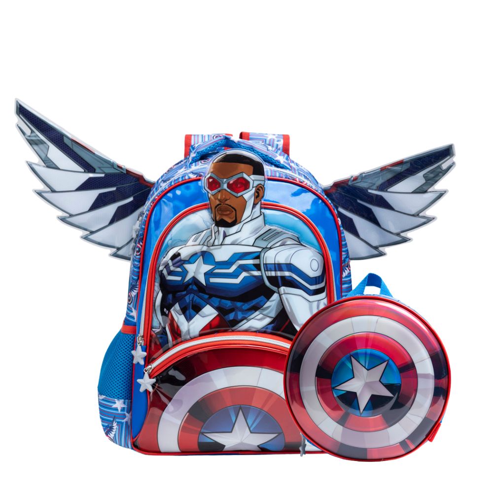 Kit Mochila Escolar e Lancheira Térmica Infantil Masculina Capitão América com Asas Removíveis
