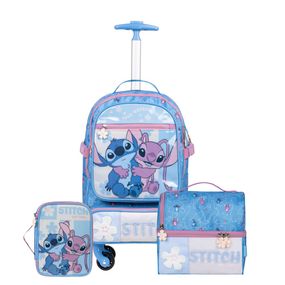 Kit Mochila de 4 Rodinhas, Lancheira Térmica, Estojo  Infantil Feminino Stitch e Angel Azul