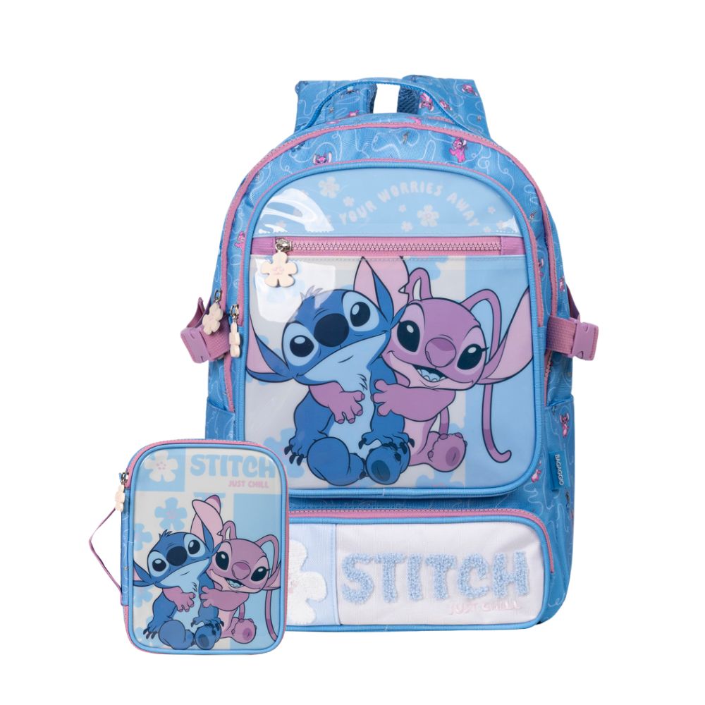 Kit Mochila e Estojo Feminino Stitch e Angel Azul