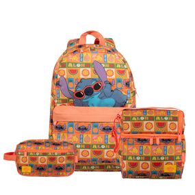 Kit Mochila, Nécessaire, Lancheira Térmica Feminina Juvenil Stitch Tropical Rosa