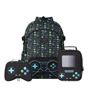 Kit Mochila, Lancheira Térmica, Estojo Box Masculina Infantil Video Game Preta