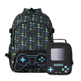 Kit Mochila e Lancheira Térmica Masculina Video Game Preta