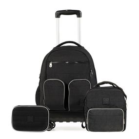 Kit Mochila de 4 Rodinhas, Lancheira Térmica, Estojo Juvenil Masculino Color Block Preto