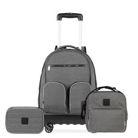 Kit Mochila de 4 Rodinhas, Lancheira Térmica, Estojo Juvenil Masculino Color Block Cinza