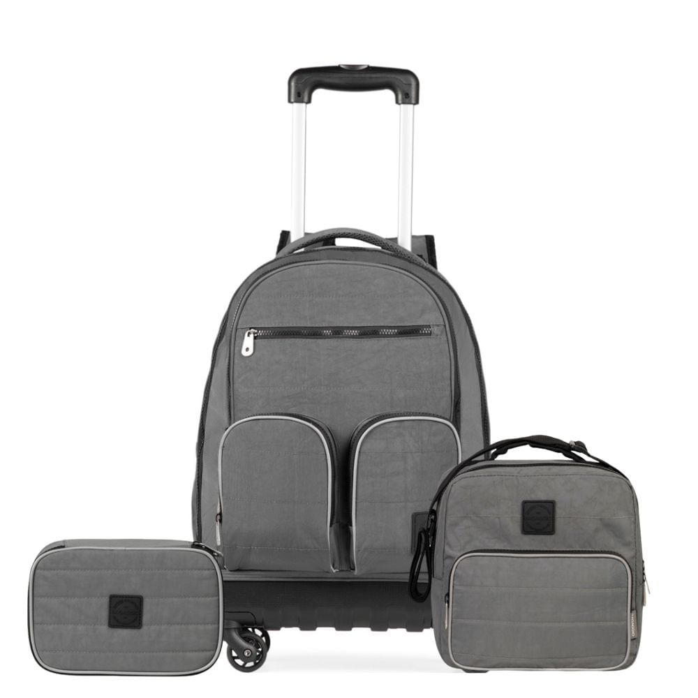 Kit Mochila de 4 Rodinhas, Lancheira Térmica, Estojo Juvenil Masculino Color Block Cinza