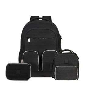 Kit Mochila, Lancheira Térmica, Estojo Escolar Masculina Juvenil Color Block Preto