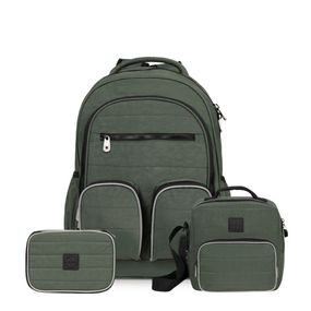 Kit Mochila, Lancheira Térmica, Estojo Masculino Juvenil Color Block Verde Escuro